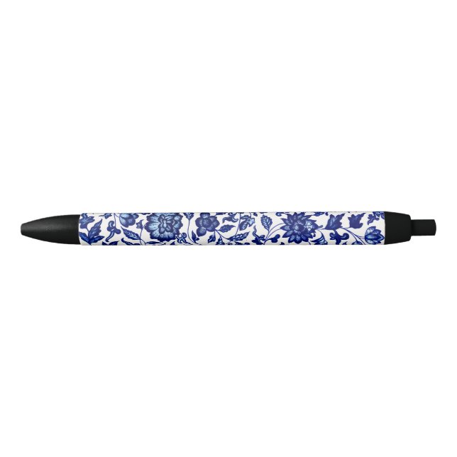 Stylo Noir Chinois bleu marine foncé motif floral sur blanc (Devant)
