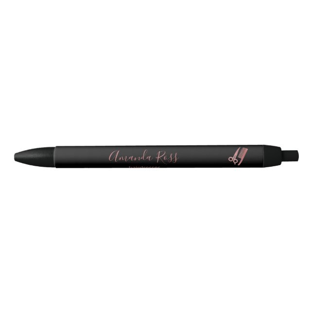 Stylo Noir Ciseaux en or rose et peigne noir (Devant)