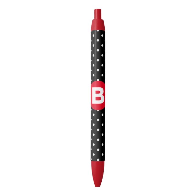 Stylo Noir Classique pois noir et blanc avec monogramme rouge (devant Vertical)