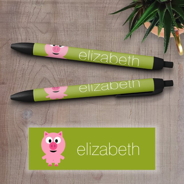 Stylo Noir Cochon de ferme en caricatures - rose et vert citr (Personalized writing pens - Add your text )