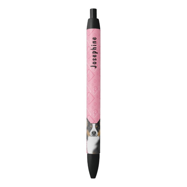 Stylo Noir Cœur de Pembroke Welsh Corgi noir tricolore avec n (devant Vertical)