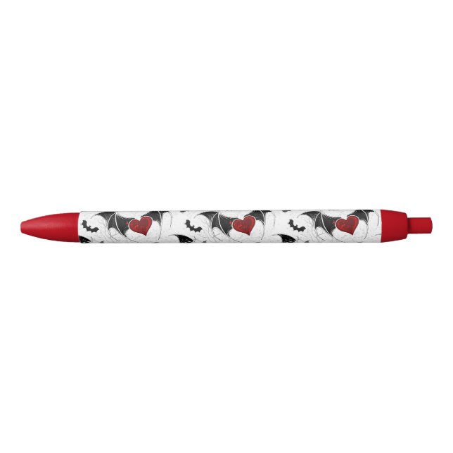 Stylo Noir Coeur d'Halloween avec ailes de chauve-souris noir (Devant)