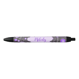 Stylo Noir Coeur gris violet blanc et nom floral