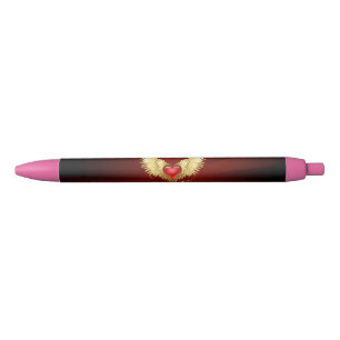Stylo Noir Coeur rouge avec ailes d'or