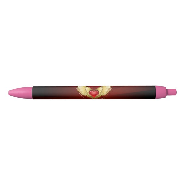 Stylo Noir Coeur rouge avec ailes d'or (Devant)