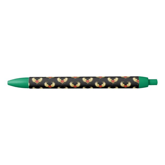 Stylo Noir Coeur rouge avec ailes d'or (Devant)
