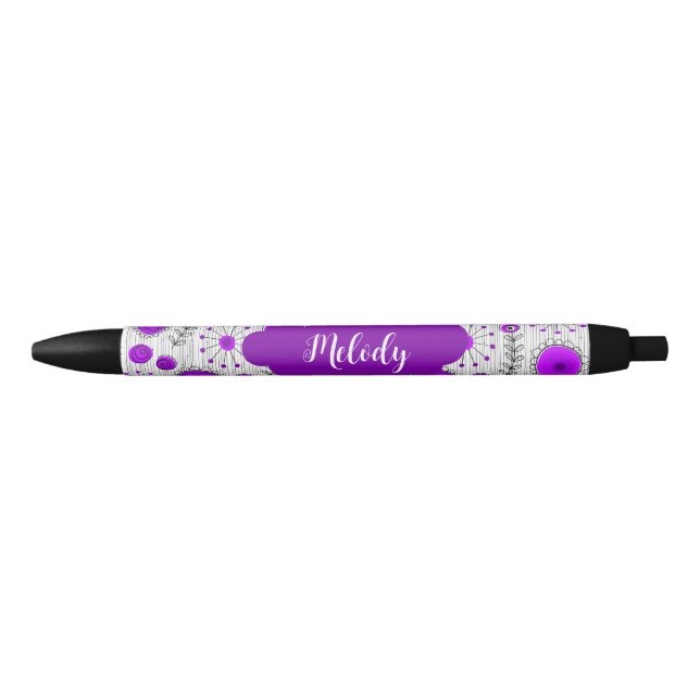 Stylo Noir Coeurs blancs violet blanc Whimsical fleurs nom fl (Devant)
