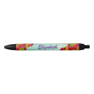 Stylo Noir Coeurs et fleurs de doodle à main mignonne