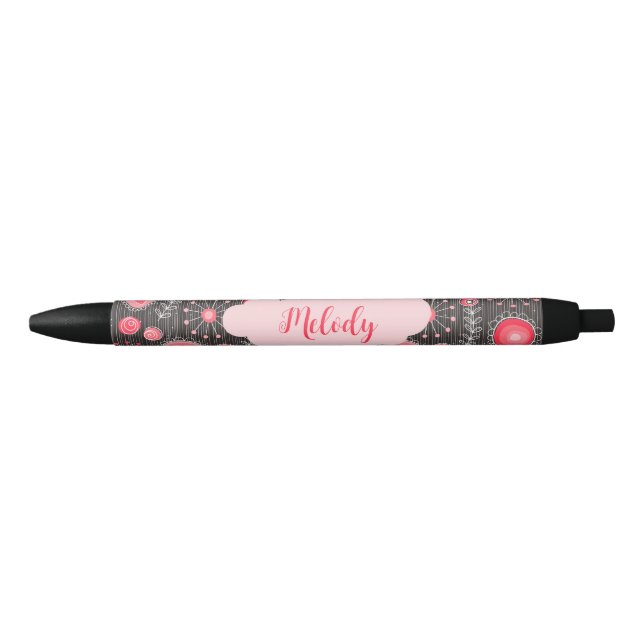 Stylo Noir Coeurs gris-blanc et fleurs nom floral (Devant)