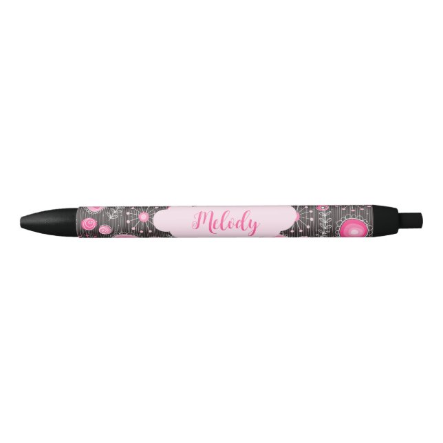 Stylo Noir Coeurs gris rose blanc et nom fleuri (Devant)