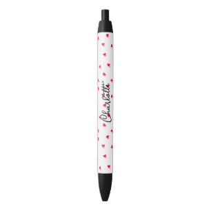 Stylo Noir Coeurs roses mignons Nom du script Monogramme
