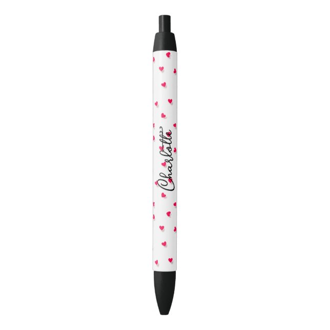 Stylo Noir Coeurs roses mignons Nom du script Monogramme (devant Vertical)