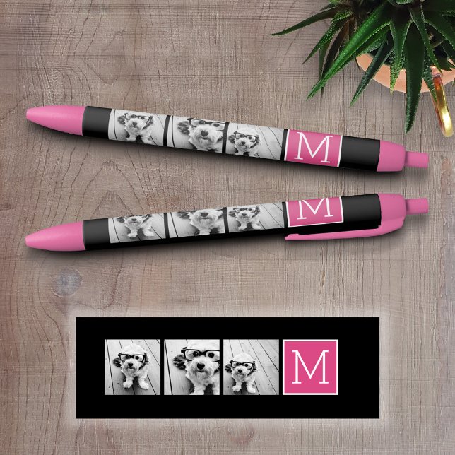 Stylo Noir Collage photo tendance noir et rose avec Monogramm (Custom Pen - Personalize this writing pen with photos, your name, monogram or other text)