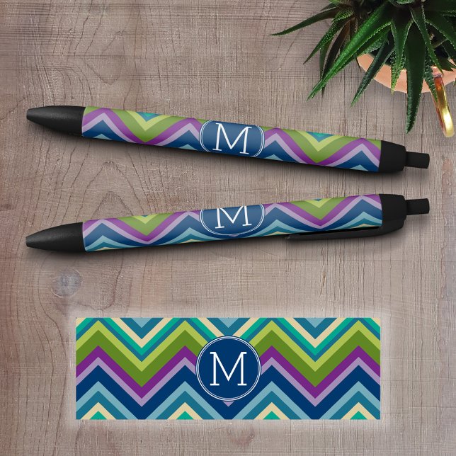 Stylo Noir Coloré Chevron Motif Personnalisé Monogramme (Personalized Writing Pens)