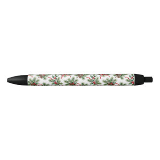 Stylo Noir Cône de pin de Noël à l'aquarelle et ruban de houx