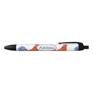 Stylo Noir Coq Rouge Bleu Nom de Garçon Aquarelle