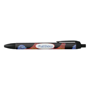 Stylo Noir Coq Rouge Bleu Nom de Garçon Aquarelle