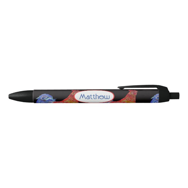 Stylo Noir Coq Rouge Bleu Nom de Garçon Aquarelle (Haut)