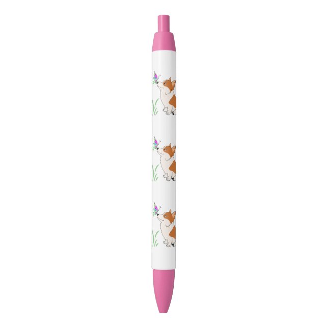 Stylo Noir Corgi avec le papillon dans le rose (devant Vertical)