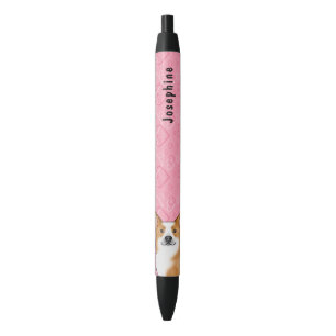 Stylo Noir Corgi gallois de Pembroke rouge sur des cœurs rose