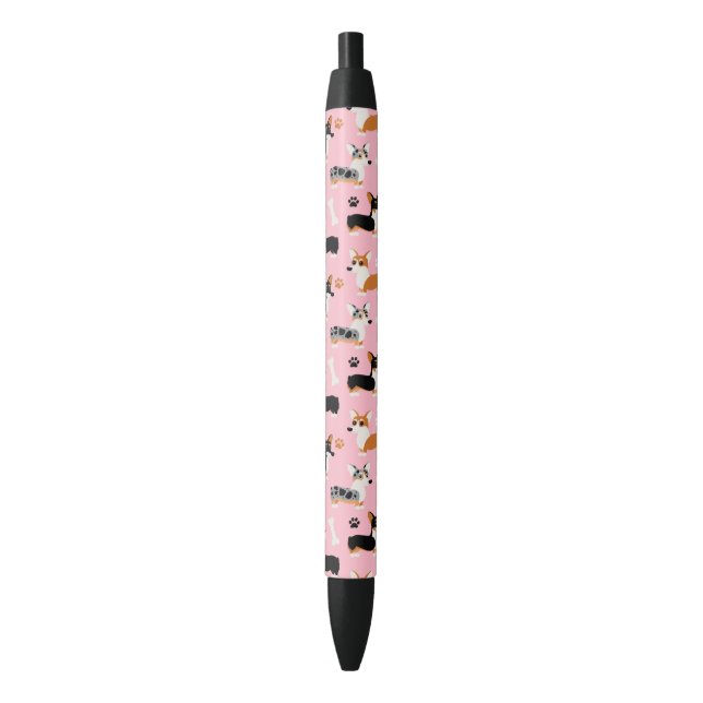 Stylo Noir Corgi Motif rose (devant Vertical)