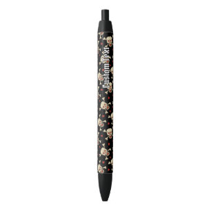Stylo Noir Crâne avec le motif de coeurs
