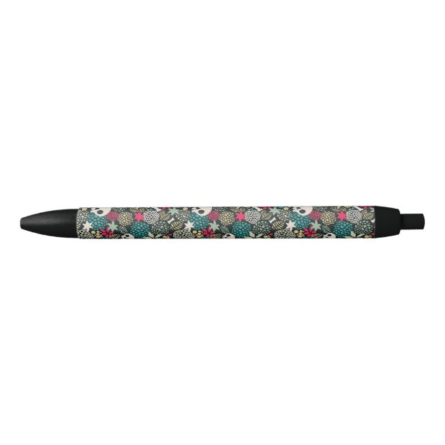 Stylo Noir Crâne en fleurs (Devant)