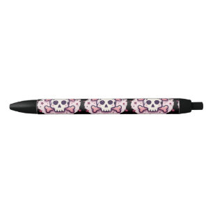 Stylo Noir Crâne et Os en Rose Pastel