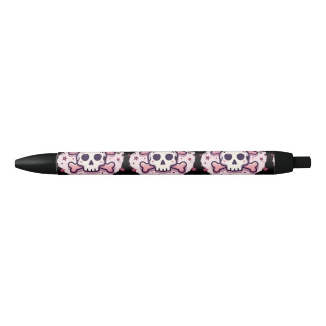 Stylo Noir Crâne et Os en Rose Pastel (Devant)