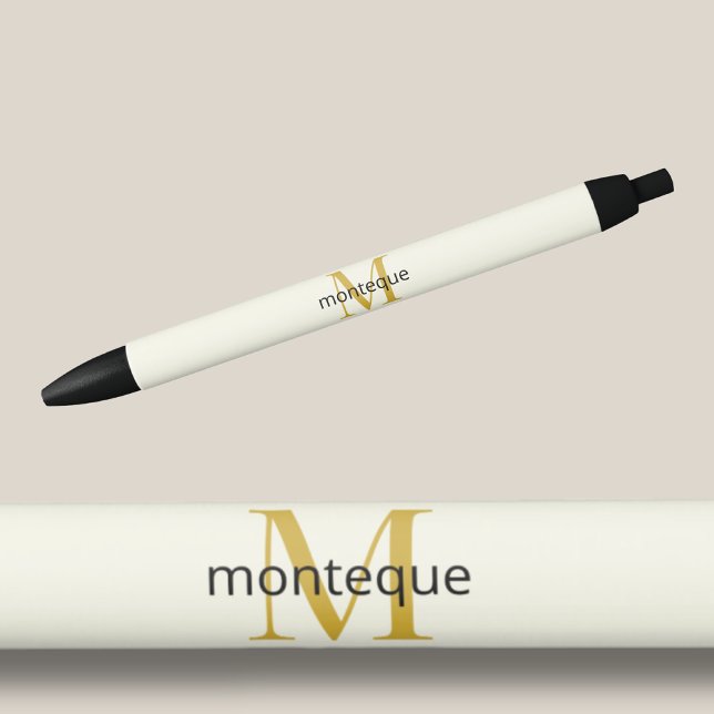 Stylo Noir Crème Or Monogramme Nom Personnalisé Cadeau Luxe (Créateur téléchargé)