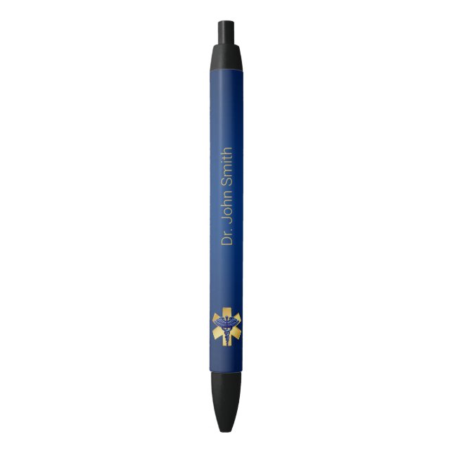 Stylo Noir Croix d'or bleu Médicale 3D Caduceus (devant Vertical)