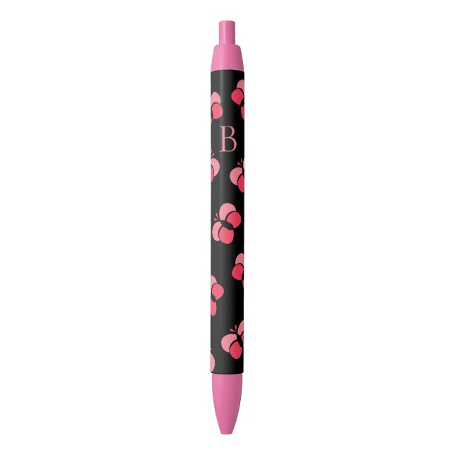 Stylo Noir Cute Bubbly Pink Butterflies Monogram (devant Vertical)