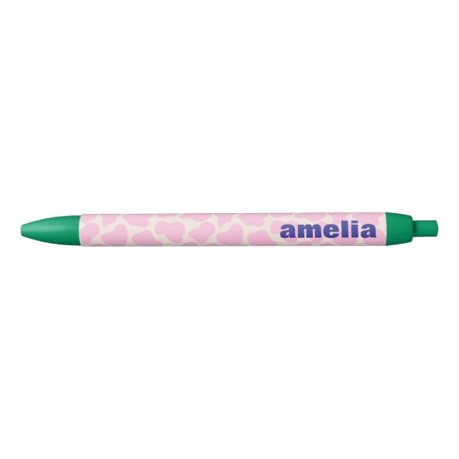 Stylo Noir Cute Cow Animal Print Pattern Pink Green Name (Devant)