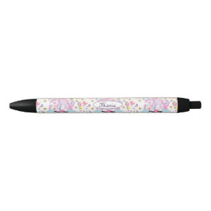 Stylo Noir Cute Girly Unicorn Rainbow Stars Nom personnalisé