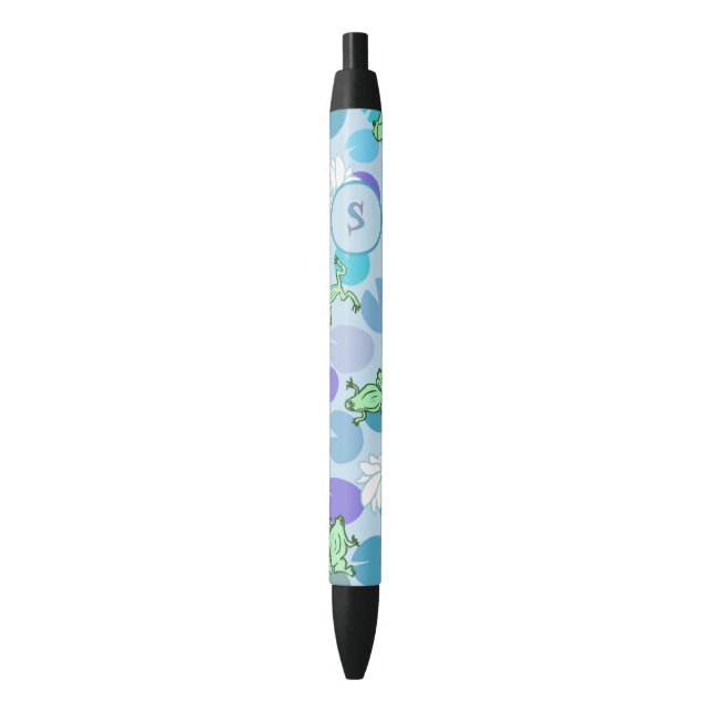 Stylo Noir Cute Grenouilles bleues et vertes Monogramme perso (devant Vertical)
