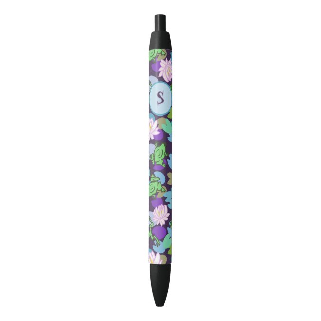 Stylo Noir Cute Grenouilles bleues et vertes Monogramme perso (devant Vertical)