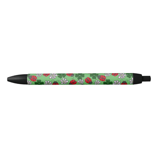 Stylo Noir Cute Ladybug res et motif vert (Devant)