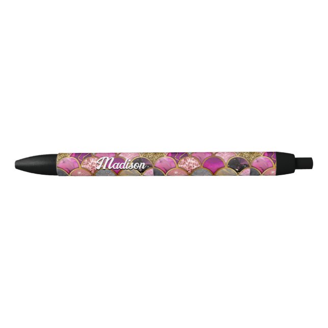 Stylo Noir Cute rose rose or sirène échelles girly (Devant)