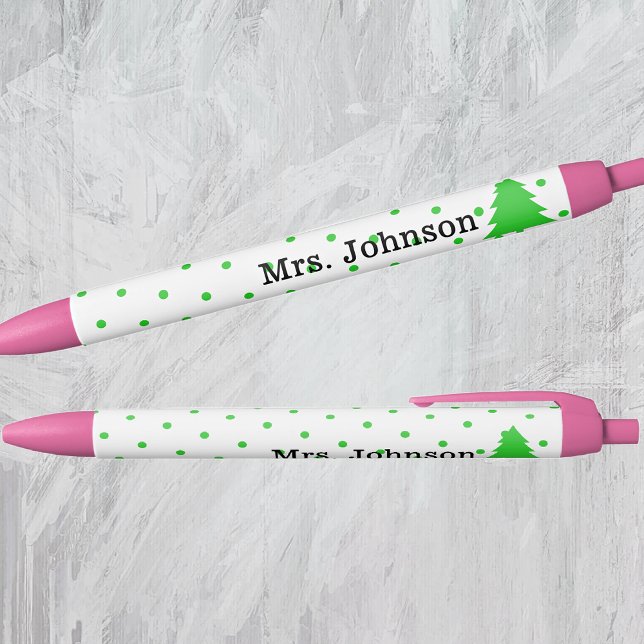 Stylo Noir Cute Teacher Name, Green Polka Dots, Tree (Créateur téléchargé)