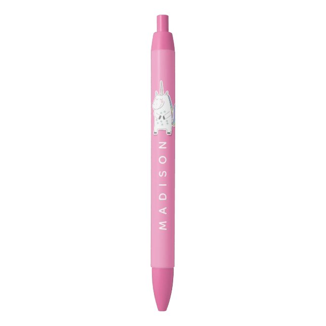Stylo Noir Cute Unicorn - Personnalisé Rose Girls (devant Vertical)