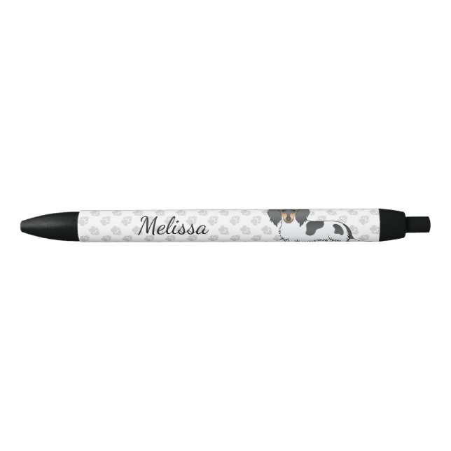 Stylo Noir Dachshund à poil long piebalde noir et feu & Nom (Devant)