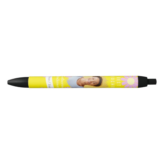 Stylo Noir Daisy Meilleure Enseignante Photo Jaune Clair (Devant)
