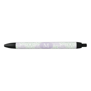 Stylo Noir Damassé florale décorée d'un monogramme de vert