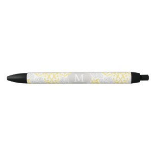 Stylo Noir Damassé florale grise jaune décorée d'un