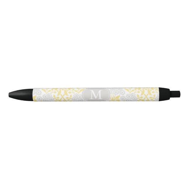 Stylo Noir Damassé florale grise jaune décorée d'un (Devant)