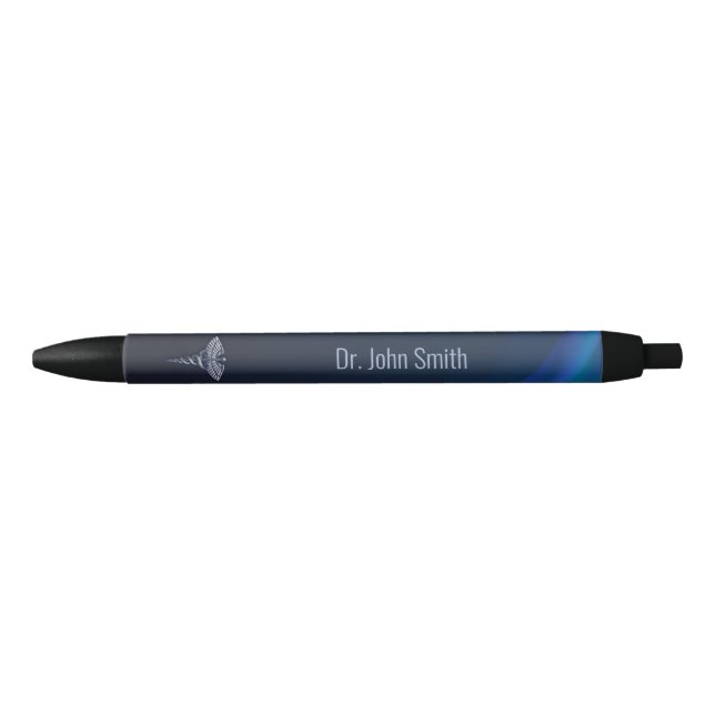 Stylo Noir Dark Chrome Holographique 3D Médicale Caduceus (Devant)