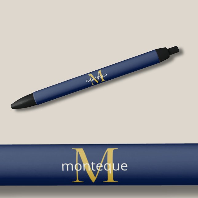 Stylo Noir Deep Navy Gold Monogram Personalized Name Luxury  (Créateur téléchargé)