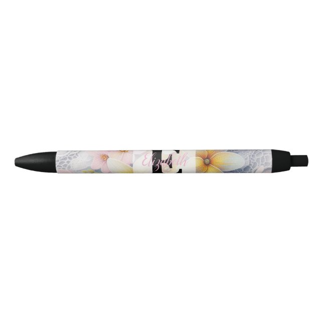 Stylo Noir Dentelle monogramme fleurs de printemps rose et ja (Devant)