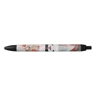 Stylo Noir Dentelle monogramme fleurs florales rose pastel or