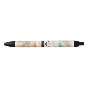 Stylo Noir Dentelle monogramme fleurs roses blanches bleues m